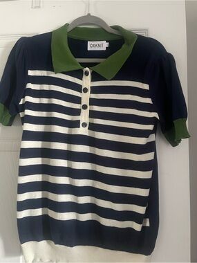 Women’s Navy & White Striped Polo Top with Green Trim